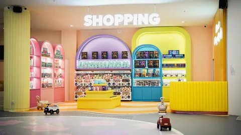 The bright pretend-shopping area inside UFOREA Penang Mini Town