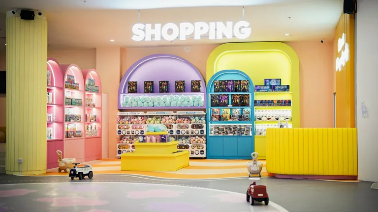 The bright pretend-shopping shelves in UFOREA Penang Mini Town