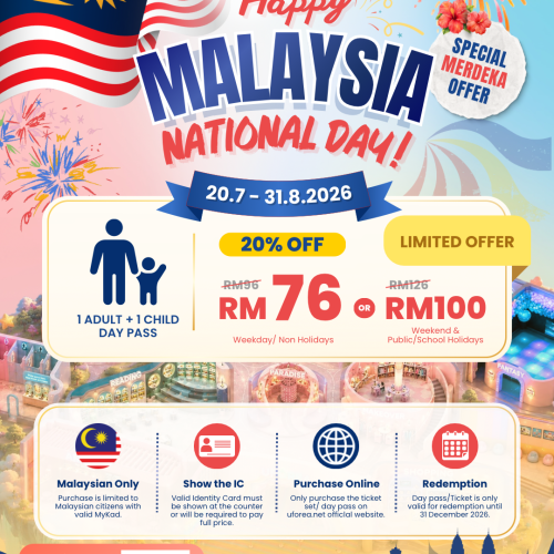 Merdeka Offer 2026 — 20% off 1 Adult + 1 Child Day Pass at UFOREA Penang Merdeka Offer 2026 poster — 20% off the 1 Adult + 1 Child Day Pass at UFOREA Penang, 20 July to 31 August 2026