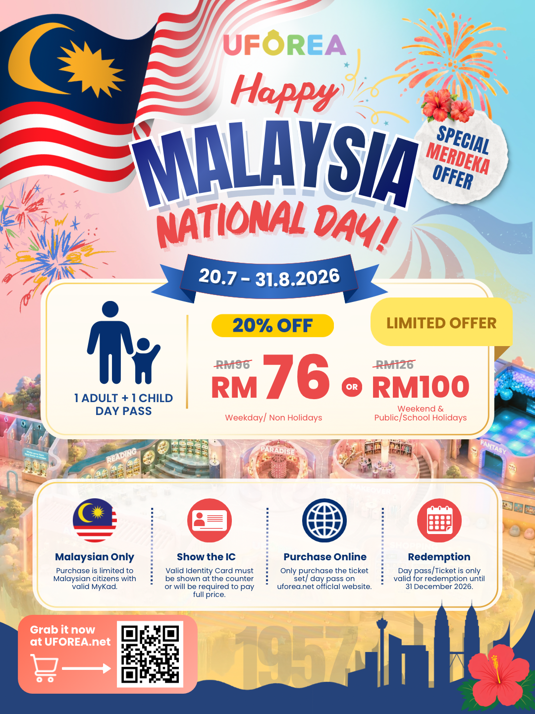 Merdeka Offer 2026 — 20% off 1 Adult + 1 Child Day Pass at UFOREA Penang Merdeka Offer 2026 poster — 20% off the 1 Adult + 1 Child Day Pass at UFOREA Penang, 20 July to 31 August 2026