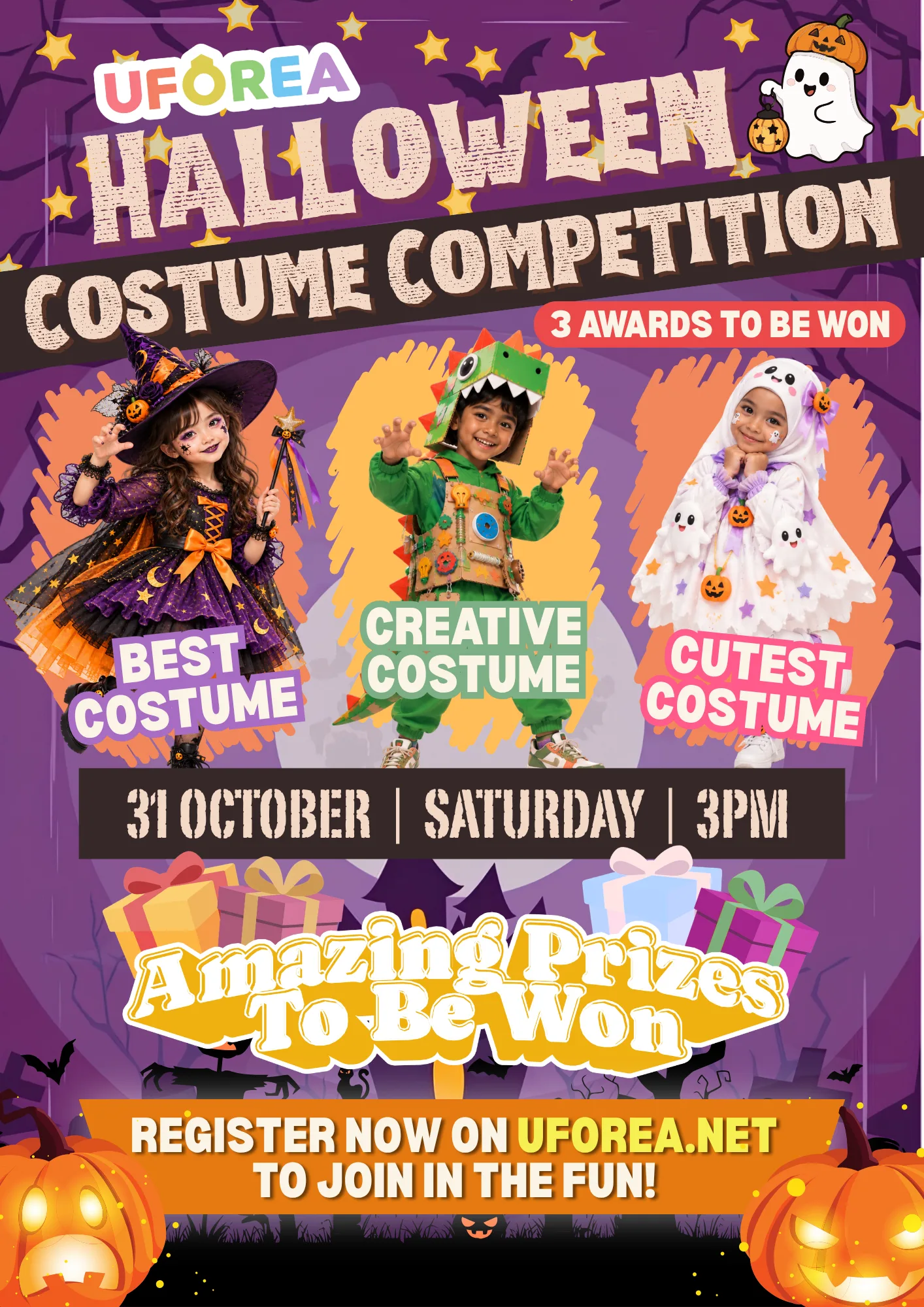 UFOREA Halloween Costume Competition — Saturday 31 October 2026, 3PM. Three awards: Best, Creative and Cutest Costume.